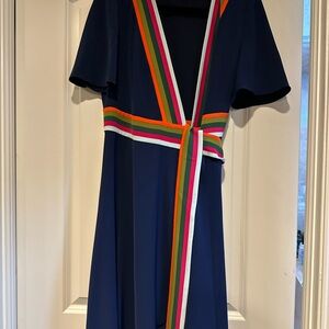 Tory Burch Navy Wraparound Dress with Vibrant Stripes
